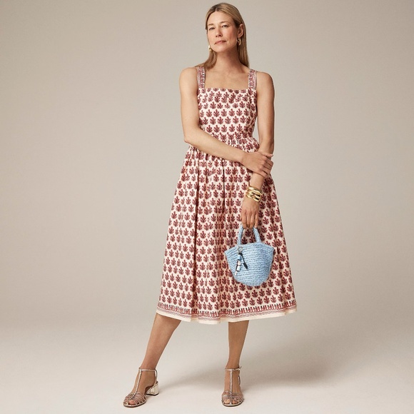 NWT!! J. CREW Poplin Apron Dress Floral Block Print Warm Sesame Red Size 16 - Picture 1 of 15